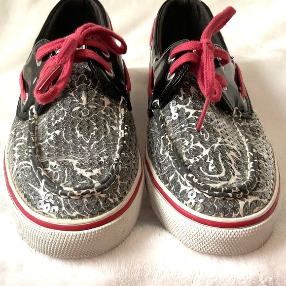 Black White Red Sperry Biscayne Sequined Loafer Lace Up Boat Shoes Size 8M - Picture 7 of 15